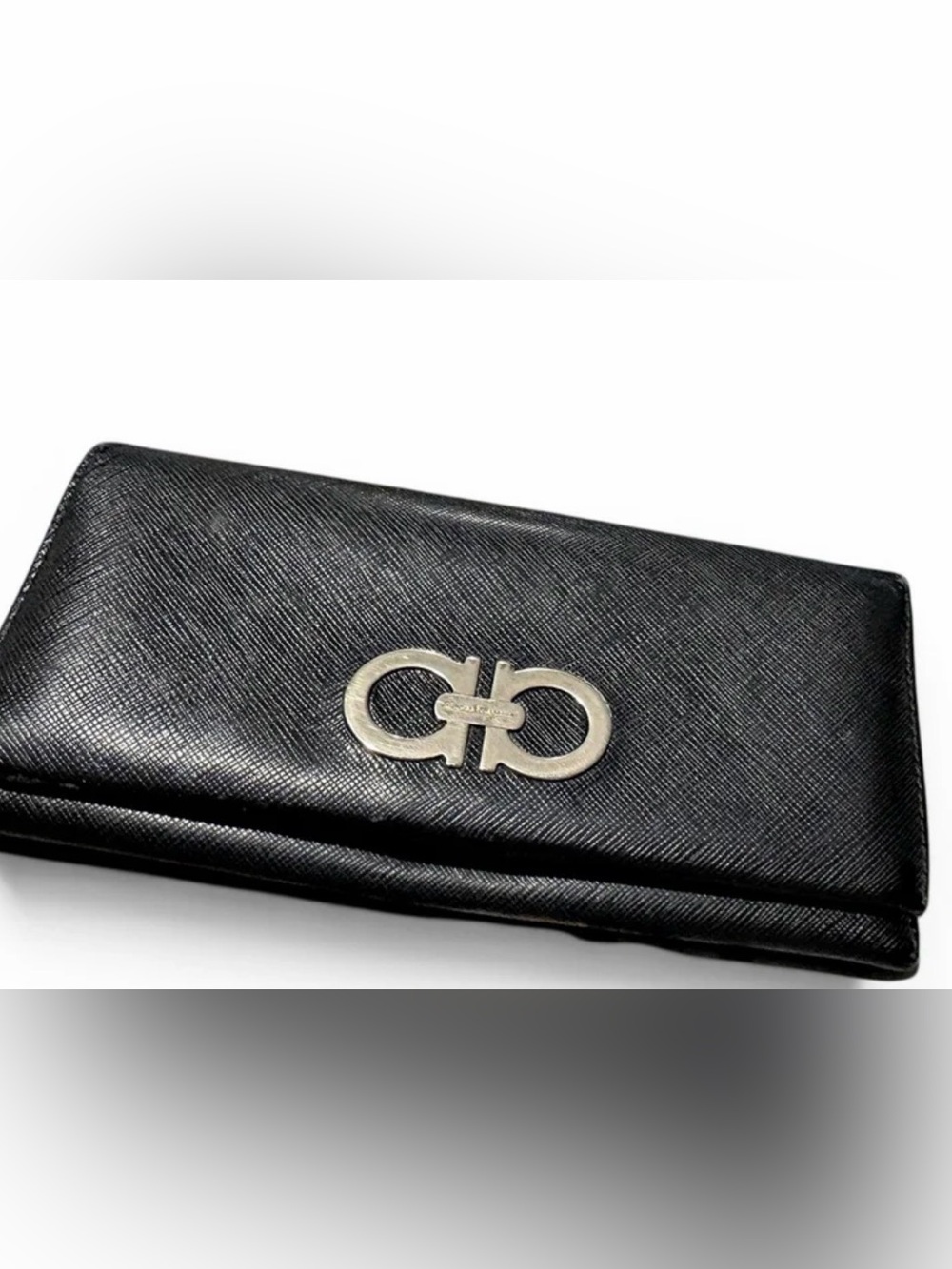 Salvatore Ferragamo Black Leather Wallet with Silver Gancini Emblem